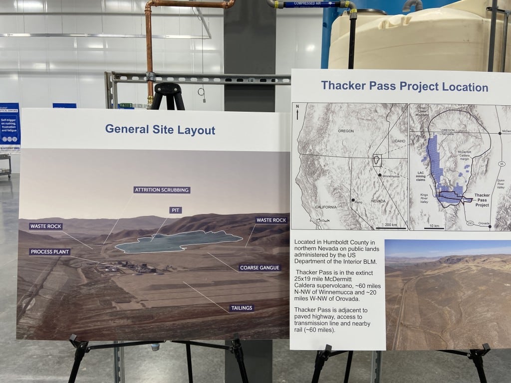 A photo of two poster boards showing the location and layout of the Thacker Pass lithium mine project.