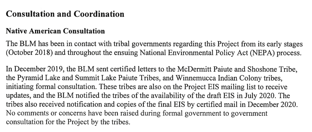 A screenshot from BLM documentation talking about its Native American Consultation
